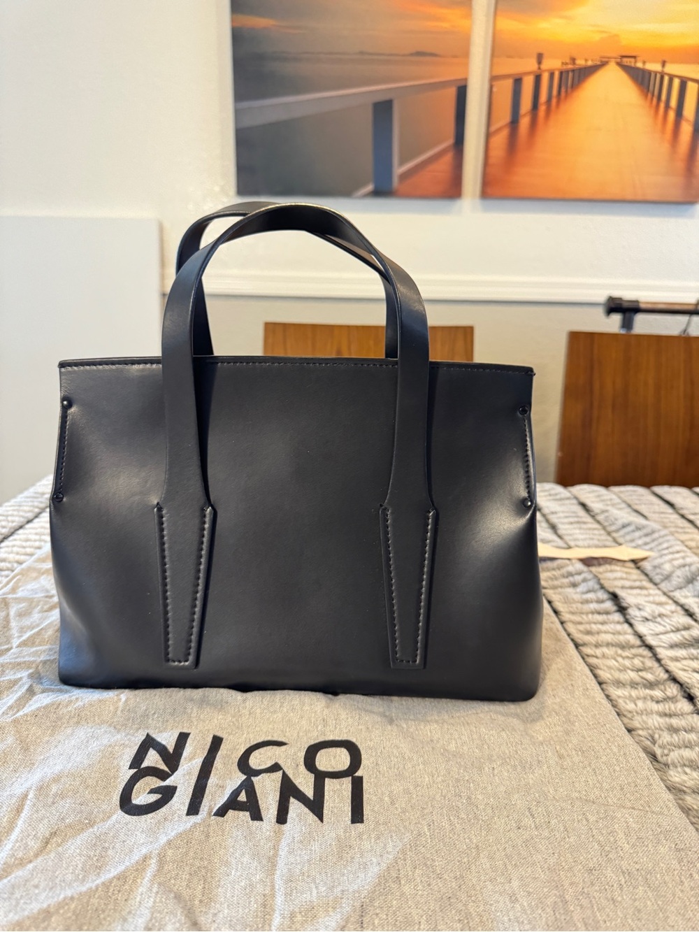 Nico Giani - Black Leather Tote with Structured Top Handles made by Italy